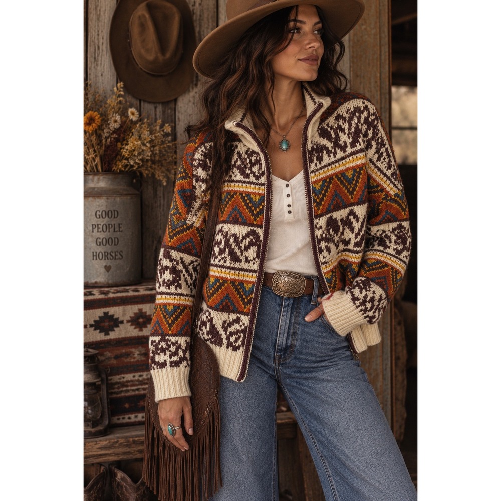 Tribal Wmns Medium Cozy Knit Kaleidoscope Western Cardigan Sweater Mock Neck